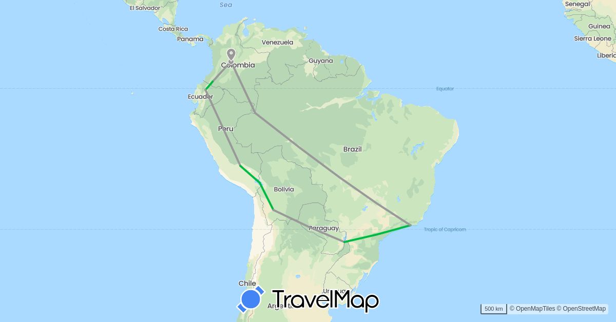TravelMap itinerary: driving, bus, plane in Bolivia, Brazil, Colombia, Ecuador, Peru (South America)